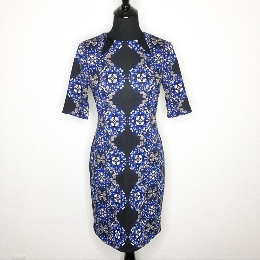 Taylor black blue white floral mesh cutout sheath dress size 6